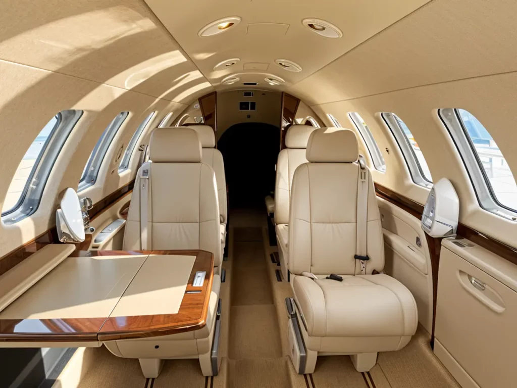 Interior of a Cessna Citation CJ3+ showcasing beige leather seats, a wooden table, and ample natural light from the windows, offering a comfortable and luxurious in-flight experience.