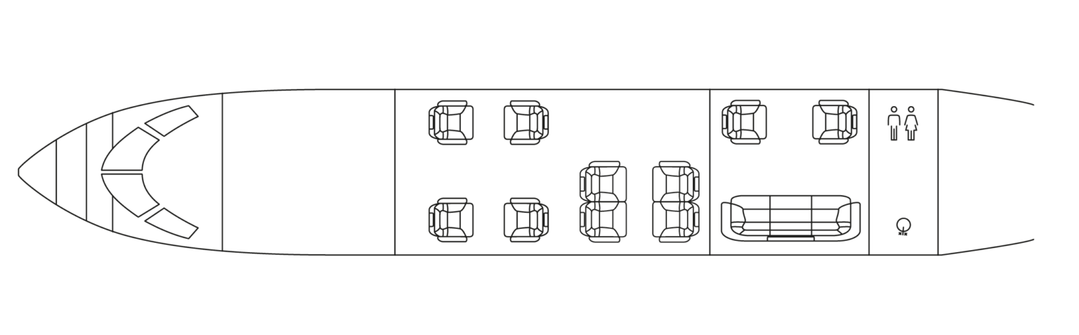 Floor plan of a Bombardier Global 5000 jet, showing the layout of the seating, lavatory, and other interior spaces.