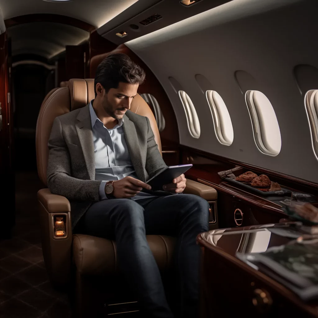 A businessman sits comfortably in a luxurious private jet cabin, reading from a tablet. The interior of the jet is elegantly designed with leather seats and wooden accents, and a tray with snacks is visible on the table beside him.