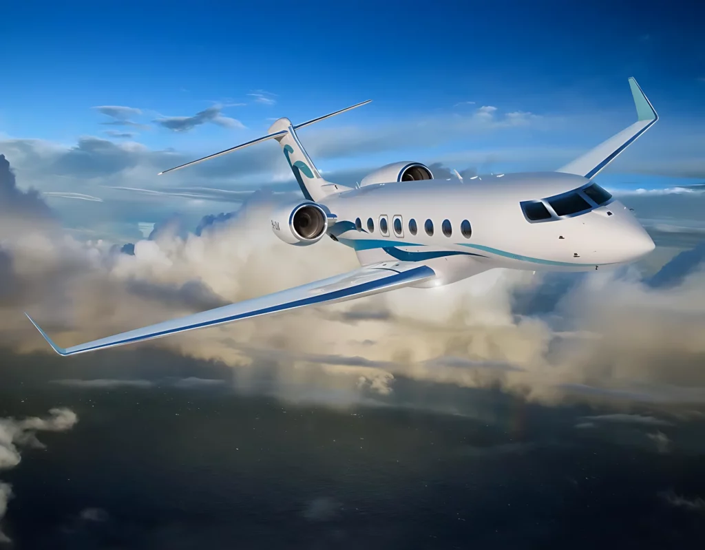 Gulfstream G650 jet in flight, soaring above the clouds against a blue sky. The jet's sleek design is highlighted by its smooth curves and streamlined shape, showcasing its advanced aerodynamics and luxurious travel capabilities.