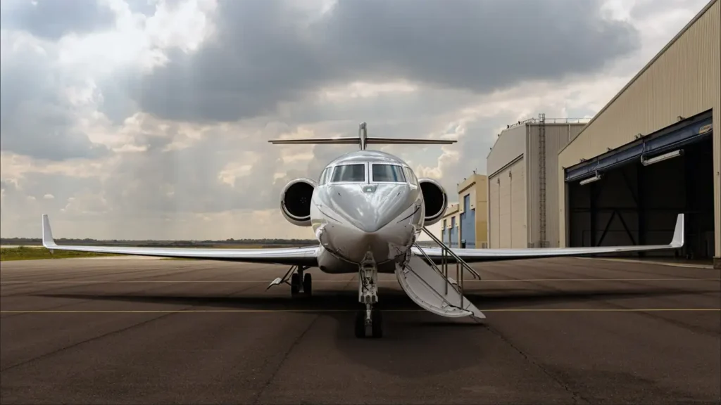 Front view of Gulfstream G500 private jet with stairs extended on the runway, ready for boarding