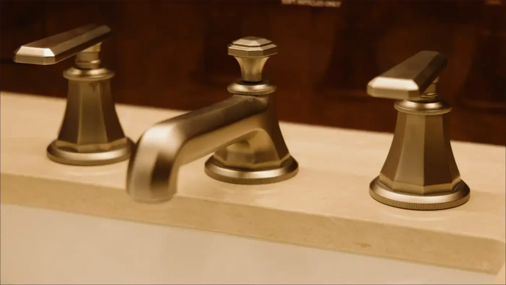 Close-up of luxury faucet fixtures in the Gulfstream G500 lavatory, highlighting premium metal design